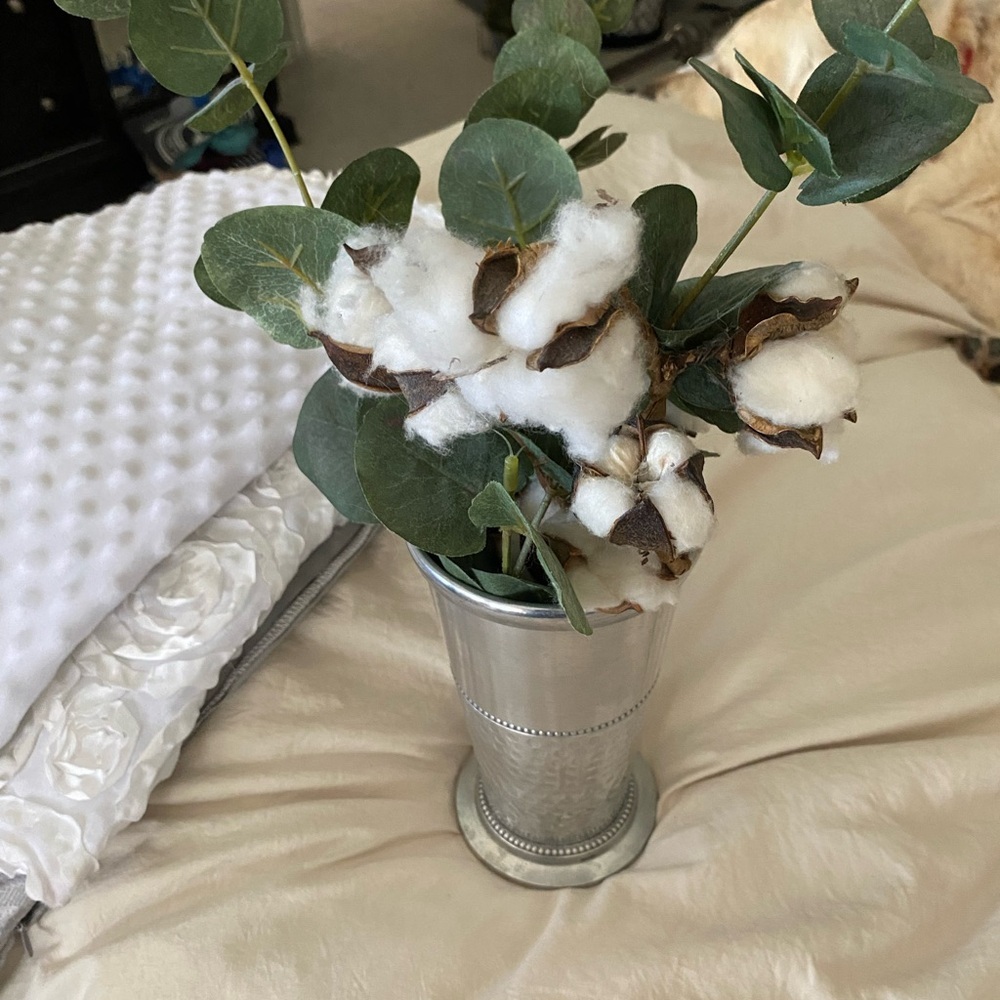 Rustic Metallic Vase with Cotton and Eucalyptus Accents
